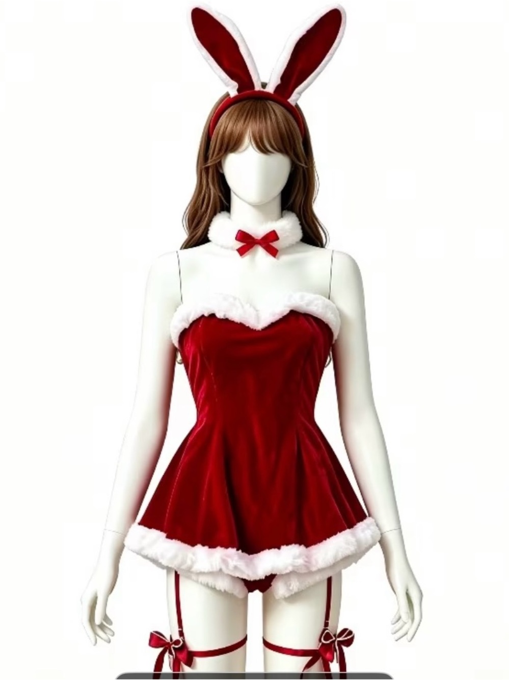 Sexy Festive Red Velvet Bunny Costume lingerie Set for Women adjustable small